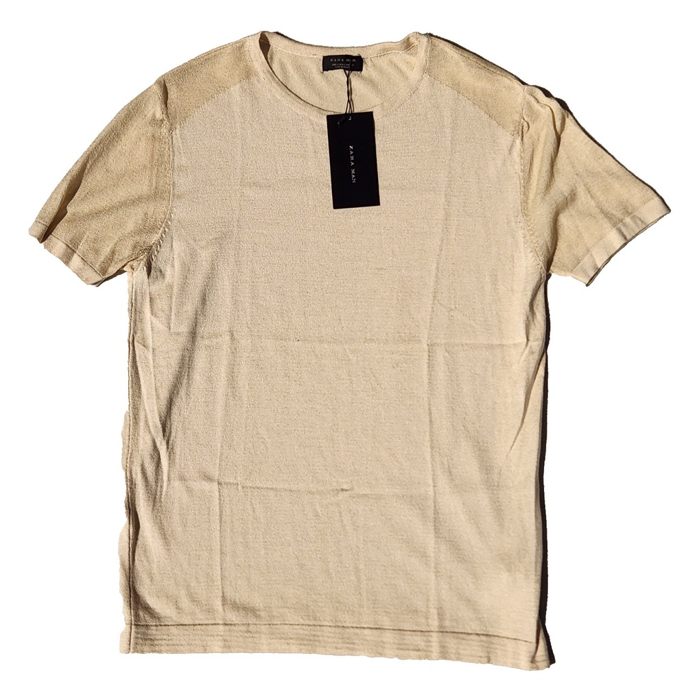 men's ZARA MAN short sleeve Sweater lightweight Acrylic/Viscose beige crewneck L